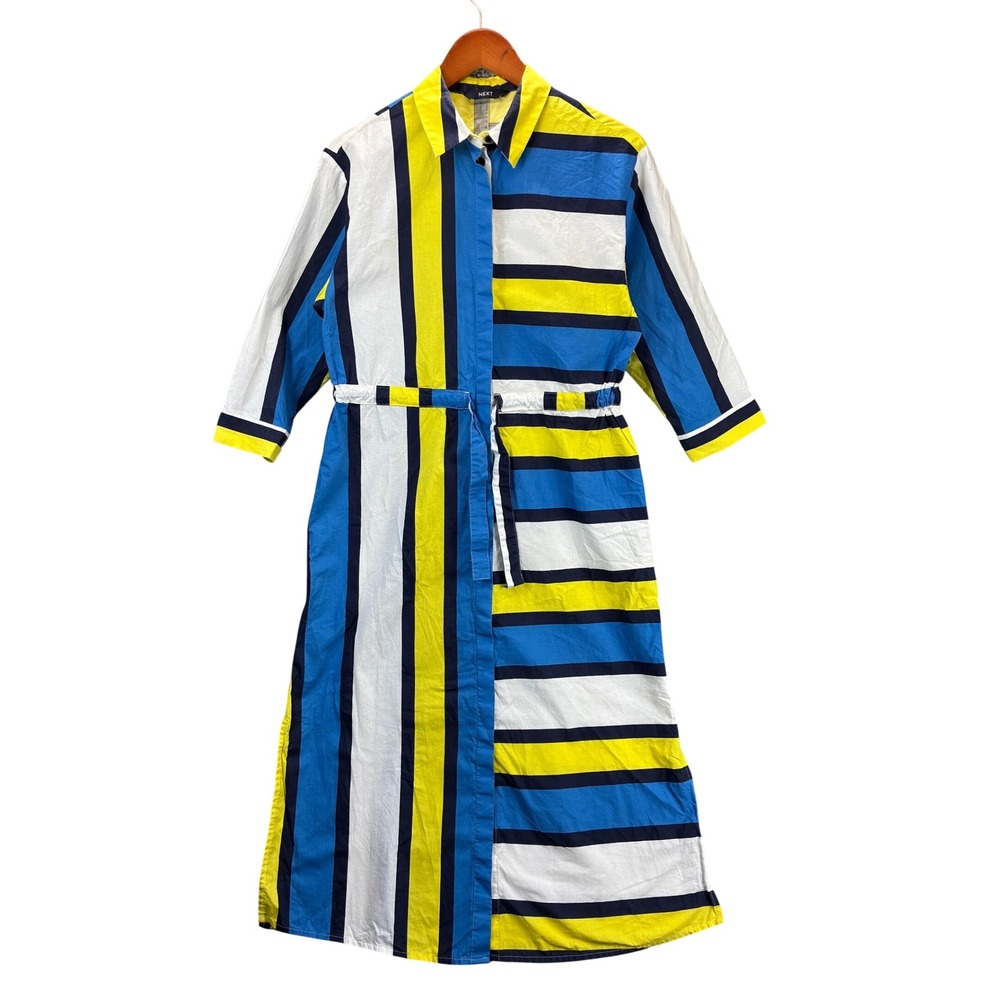 Next Belted Shirtdress Womens 4 Blue Yellow Striped Casual Long Sleeve Maxi